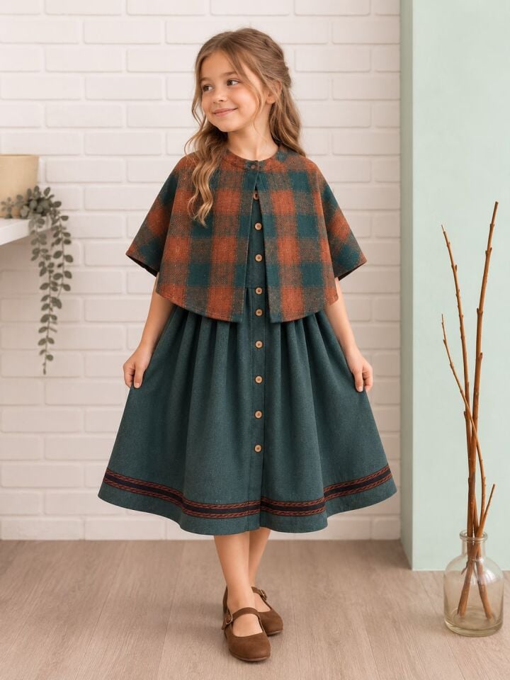 Pelerinli Kolsuz Dirndl Pazen Fiona Çocuk Elbise