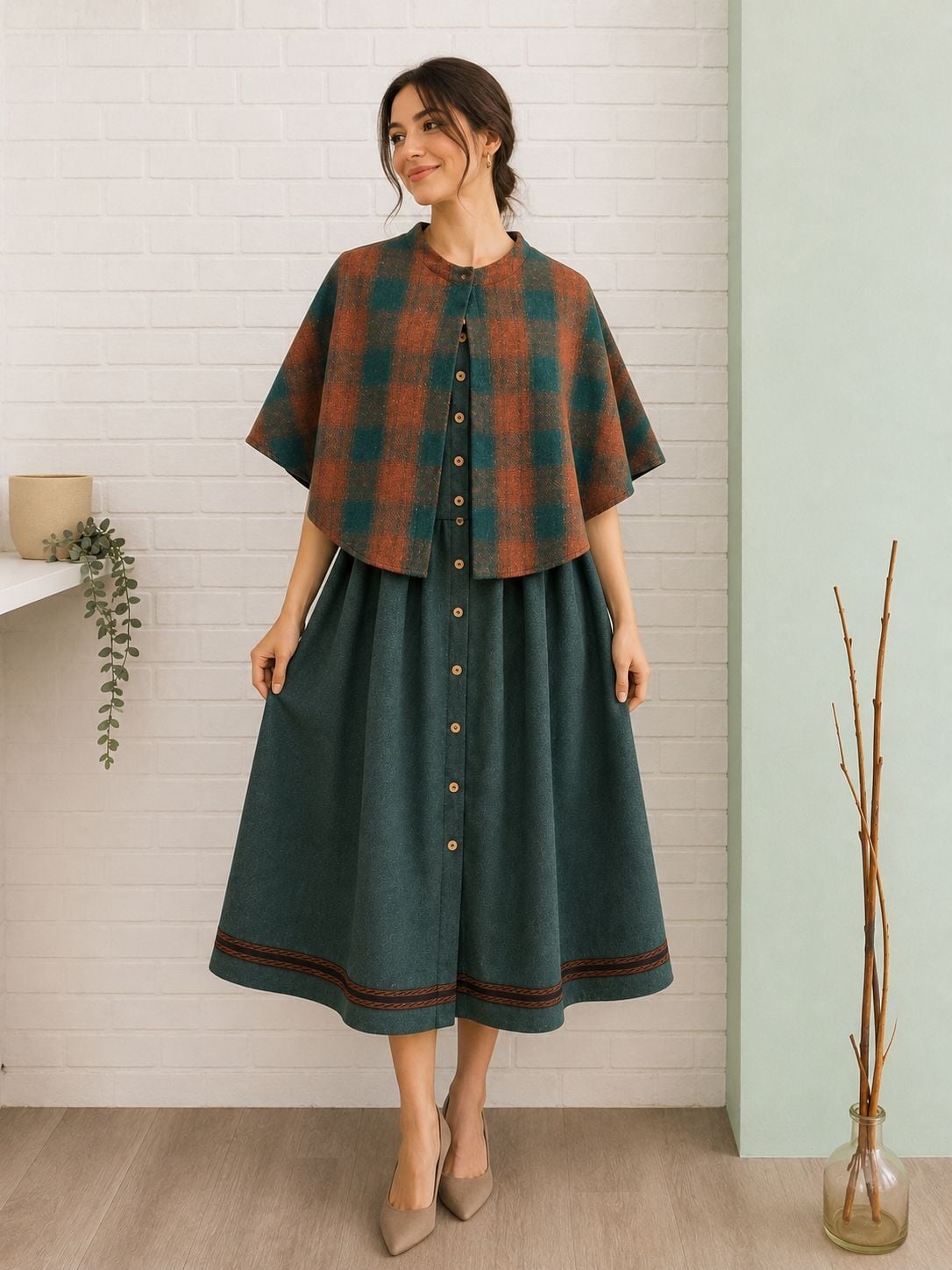 Pelerinli Kolsuz Dirndl Pazen Fiona Kadın Elbise