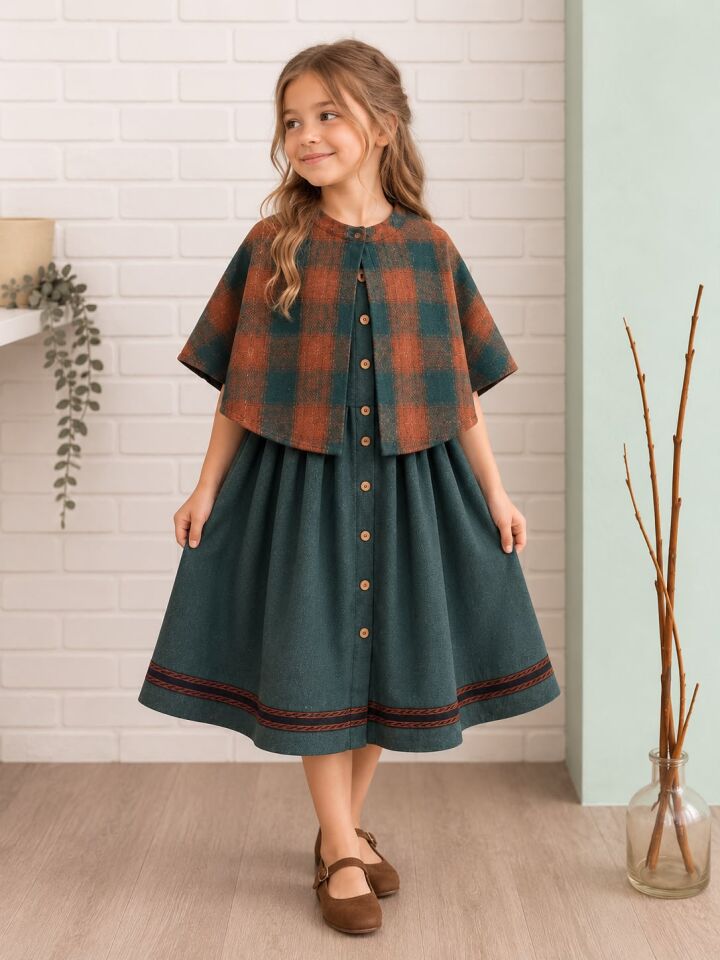 Anne-Kız Pelerinli Kolsuz Dirndl Pazen Fiona Elbise