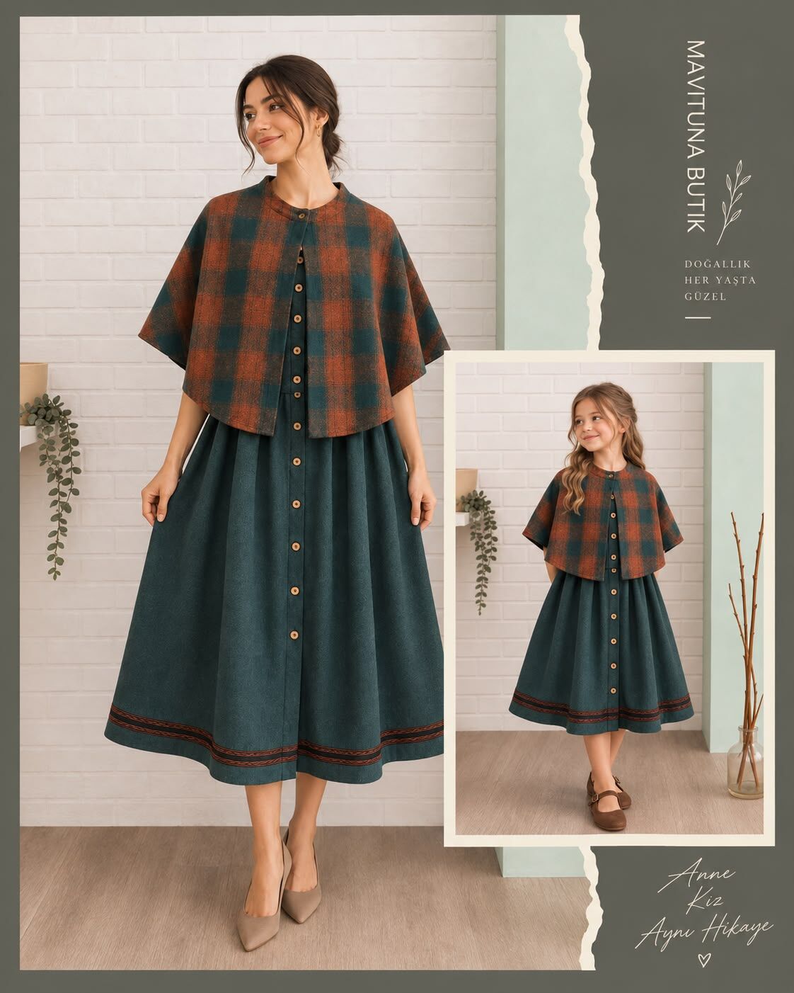 Anne-Kız Pelerinli Kolsuz Dirndl Pazen Fiona Elbise