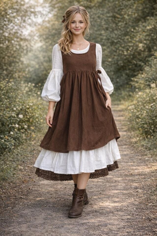 Balon Kollu Önlüklü Vintage Şilebezi Amanda Kadın Elbise