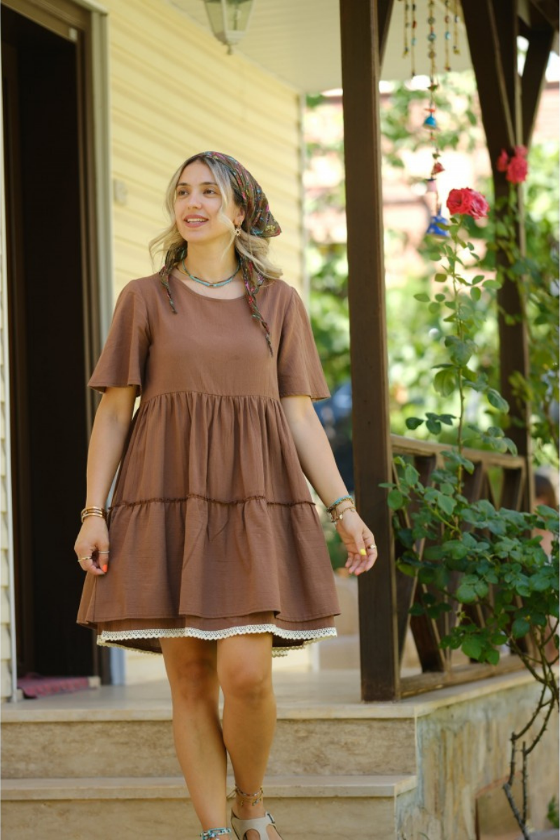 Kısa Kol Diz boyu Vintage Şilebezi Angela Kadın Elbise
