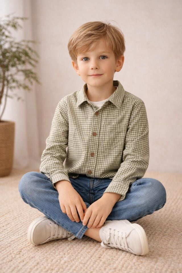 Uzun Kollu Pötikare Pamuk Lenny Çocuk Gömlek