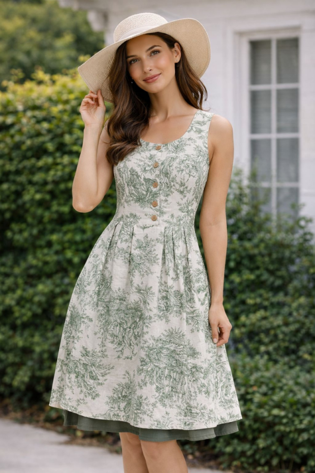 Kolsuz Fransız Köyü Desenli Dirndl Poplin Pamuk Fiona Kadın Elbise