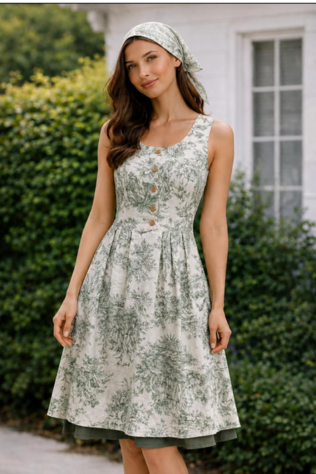 Kolsuz Fransız Köyü Desenli Dirndl Poplin Pamuk Fiona Kadın Elbise
